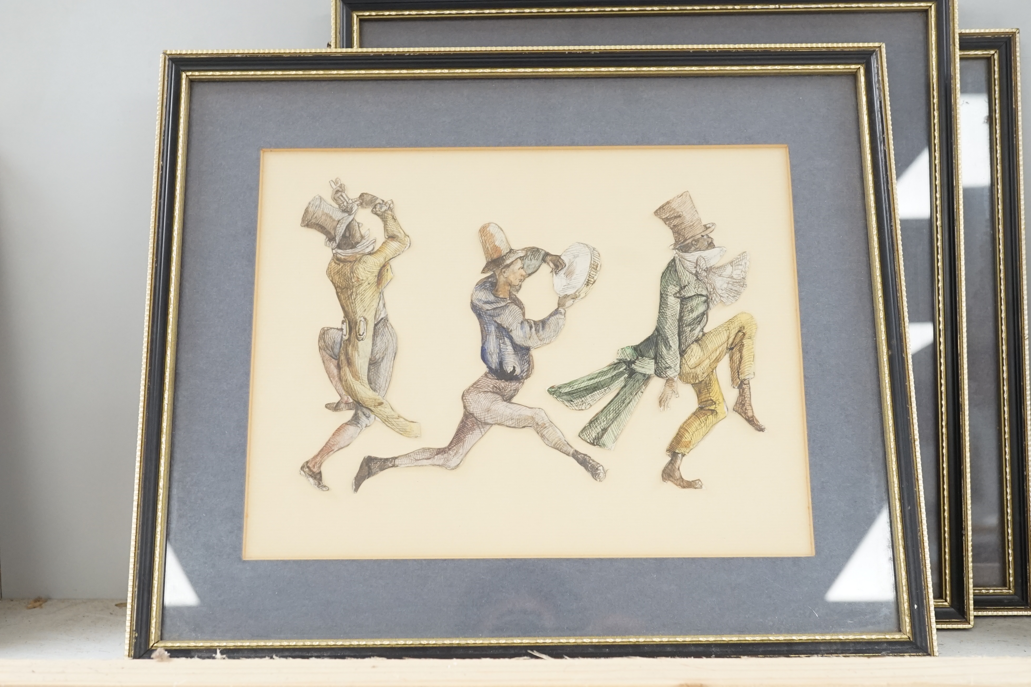 J.D. Nichols (19th C.), four ink and watercolour cut-out studies of musicians and dancers, signed and initialled, largest 17 x 22cm